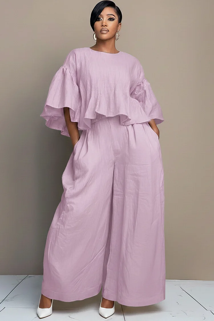 Xpluswear Design Plus Size Business Casual Purple Round Neck Half Sleeve Pocket Wide Leg Linen Two Piece Pant Sets [Pre-Order] 2024 - Xpluswear