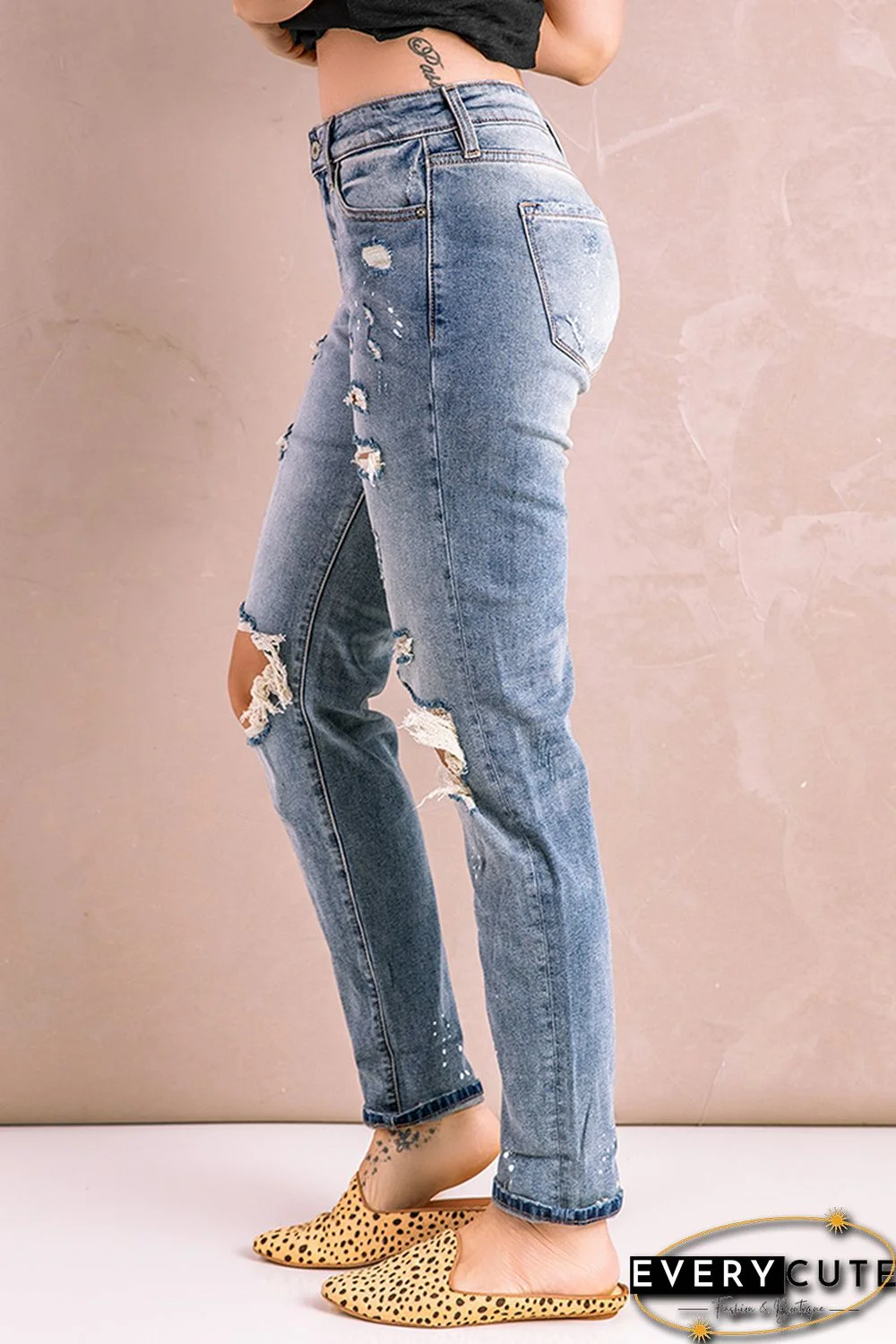 Sky Blue Distressed Faded Splatter Denim Pants