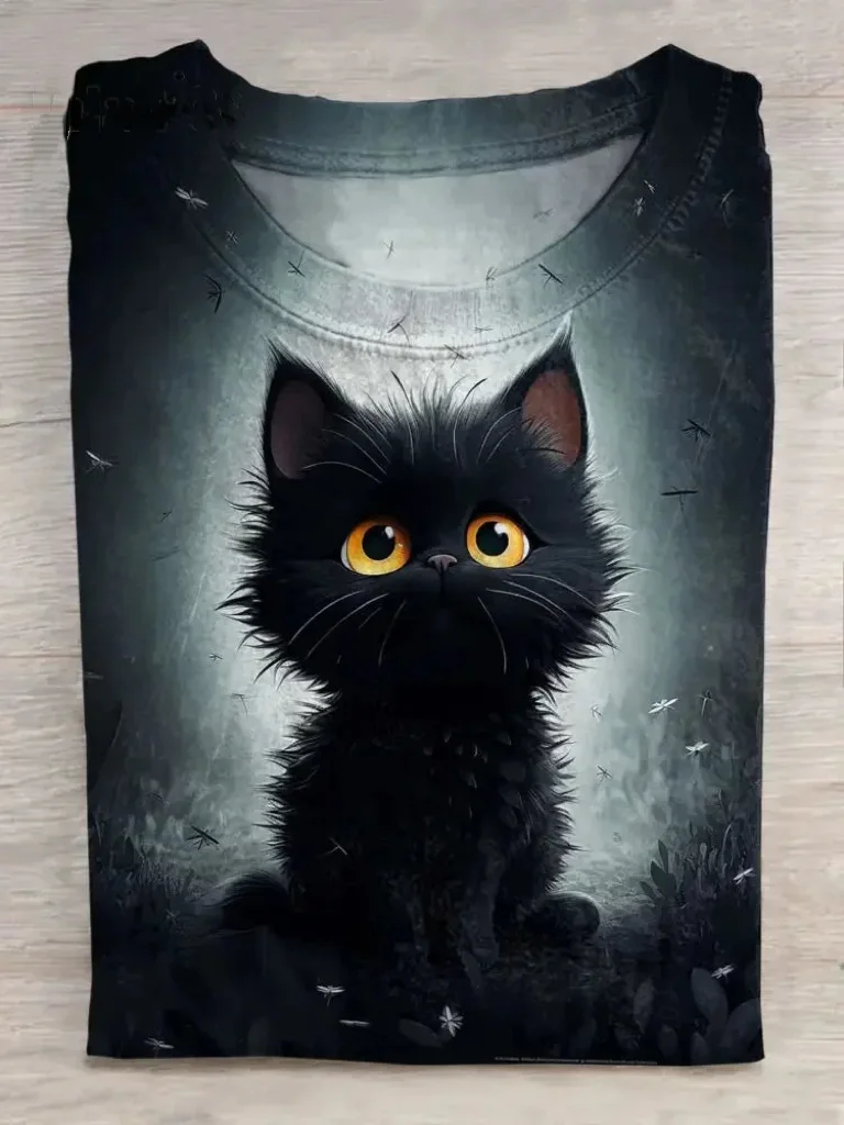 Black Cat Art Print Short Sleeve Casual T-shirt Eagerlys