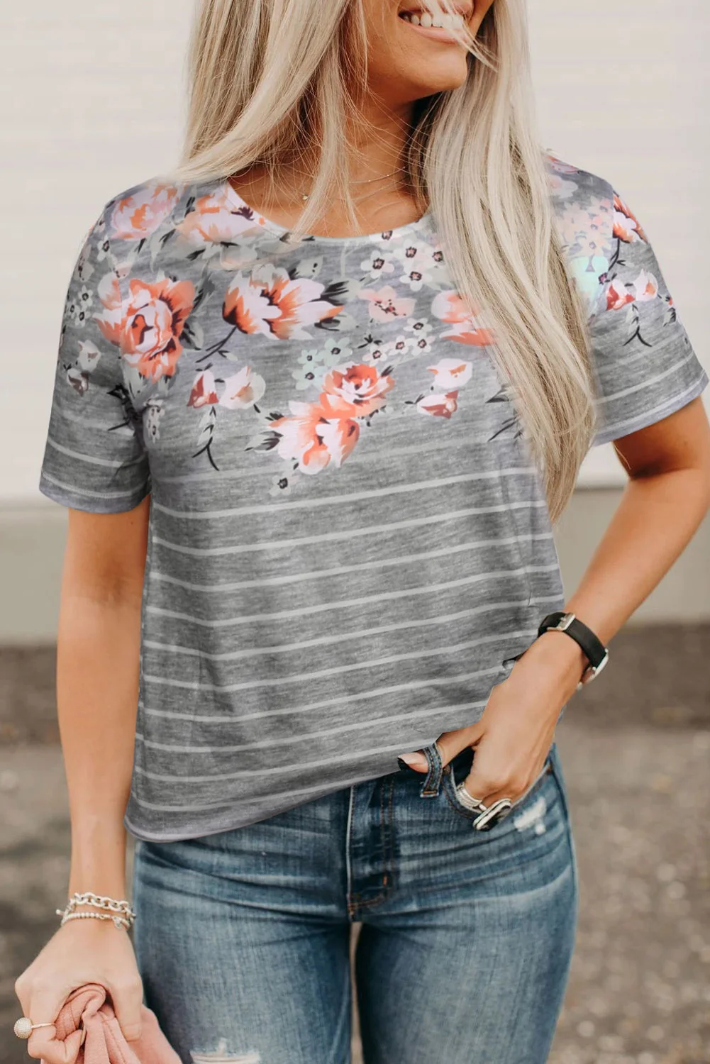 Gray Spring Vibe Floral & Stripe Tee | IFYHOME
