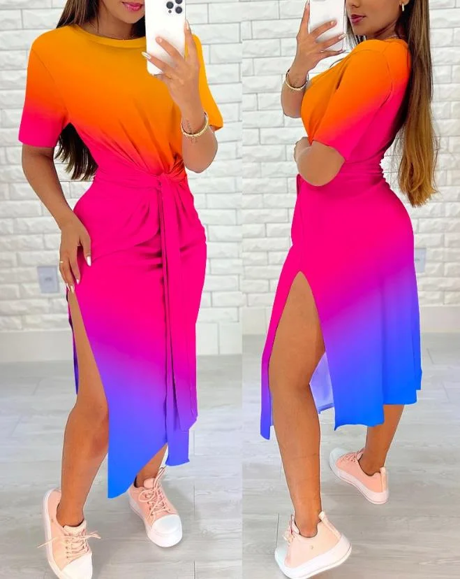 Wongn Wongn Round Neck Short Sleeve Slit A-Line Dress Tie Print Women's Dress