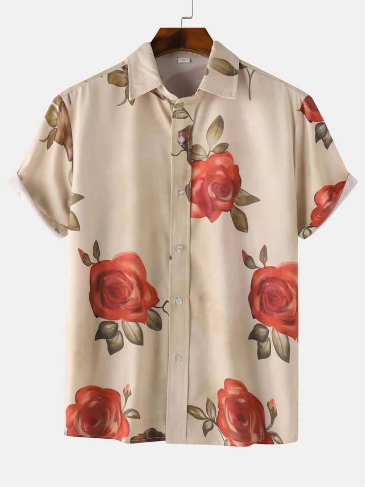 Men's Printed Stand-up Collar Shirt Men's Floral Short-sleeved Shirt Shirt Loose Type