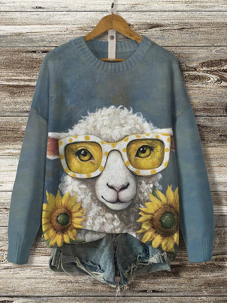 Women's Sunglasses Sheep Sunflower Print Knit Sweatshirt