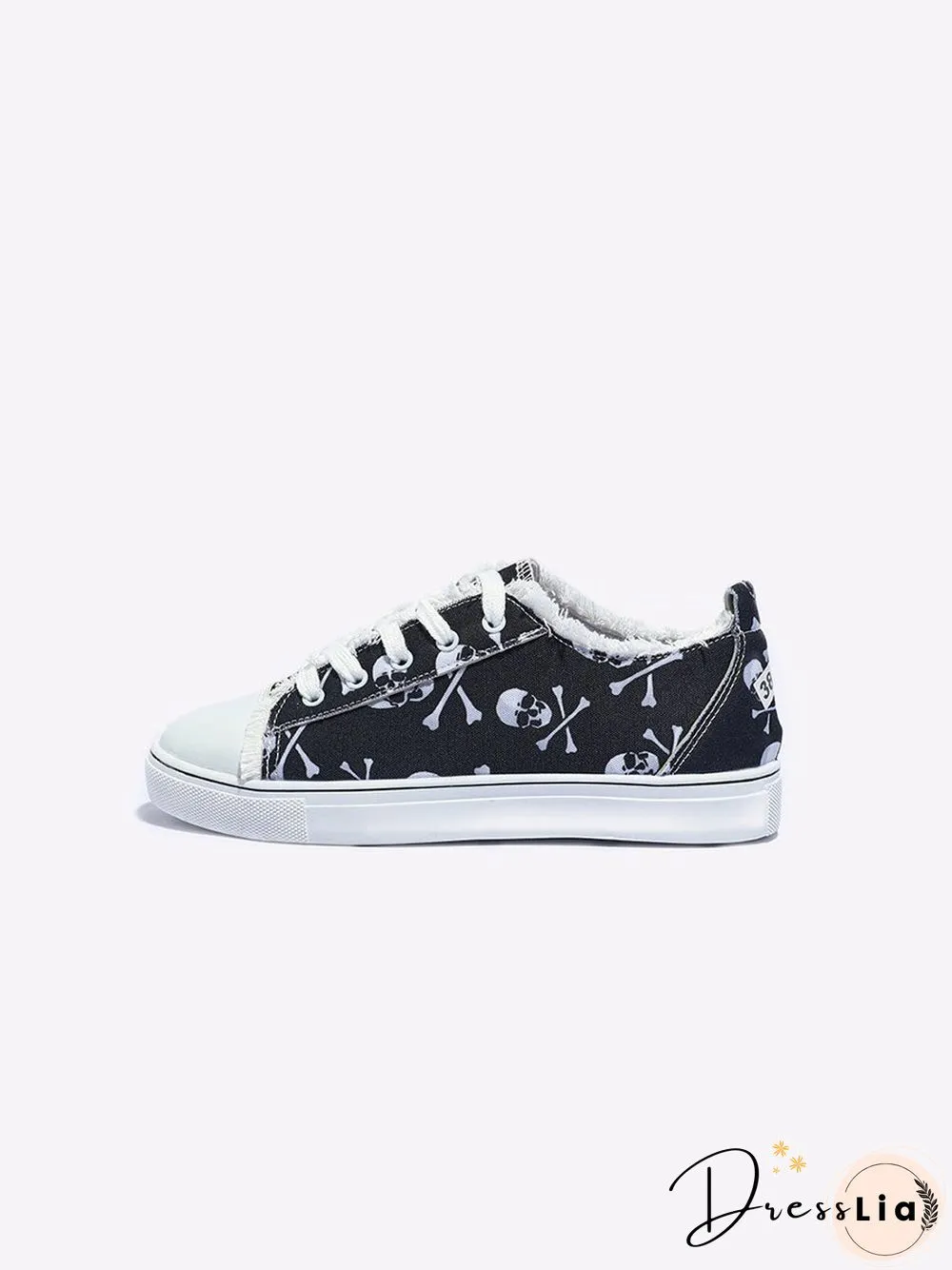Halloween Black Skull Print Distressed Lace Up Sneakers