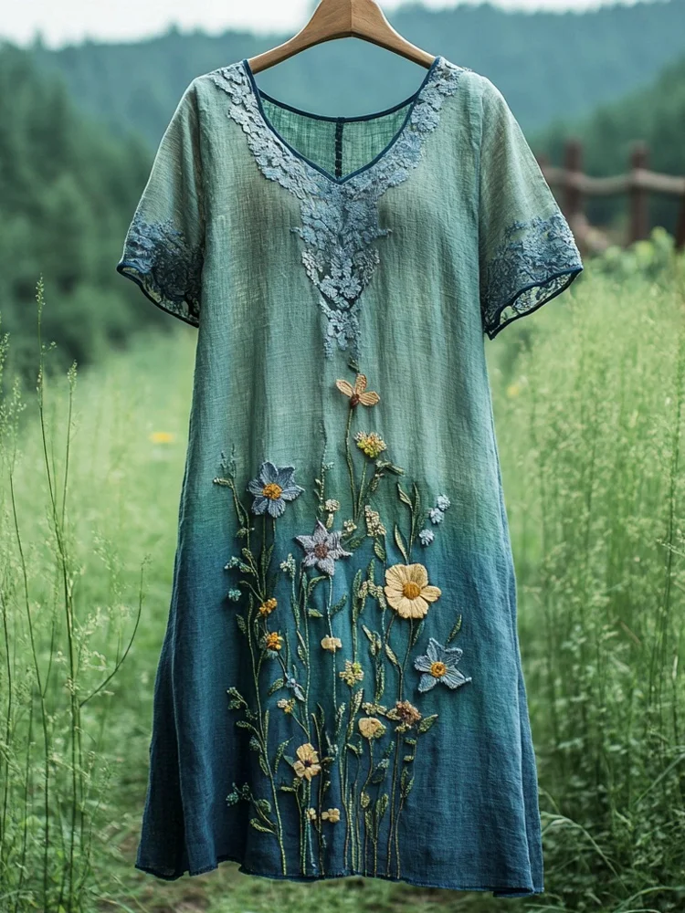 VChics Floral Embroidery Blue Green Tie-dye Lace Women's V-neck Linen Dress
