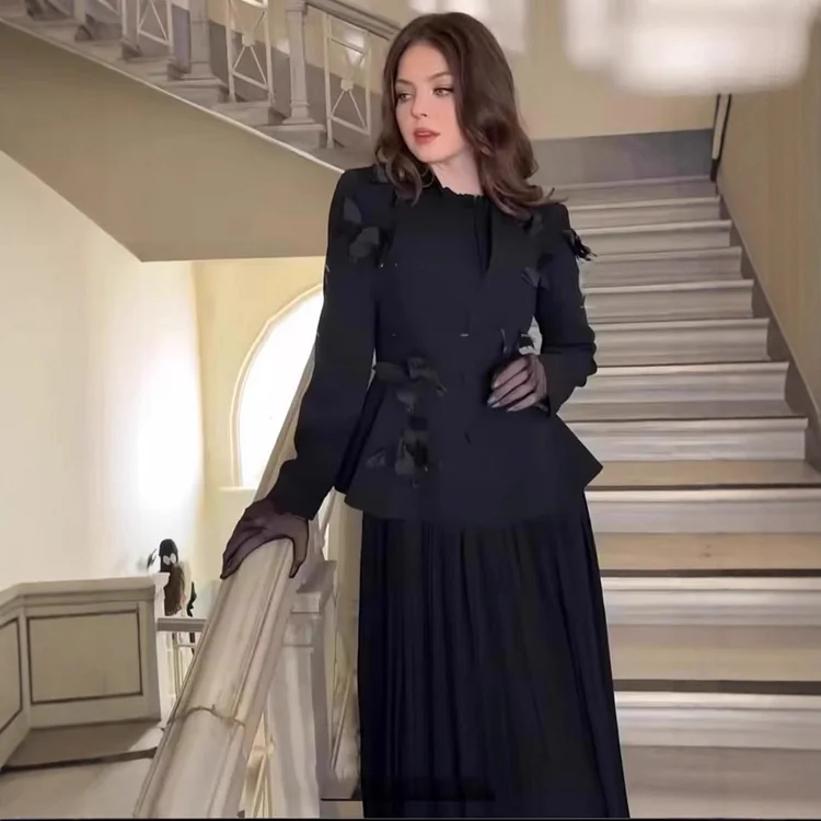 Black Butterfly Coat Pleated Dress Suit