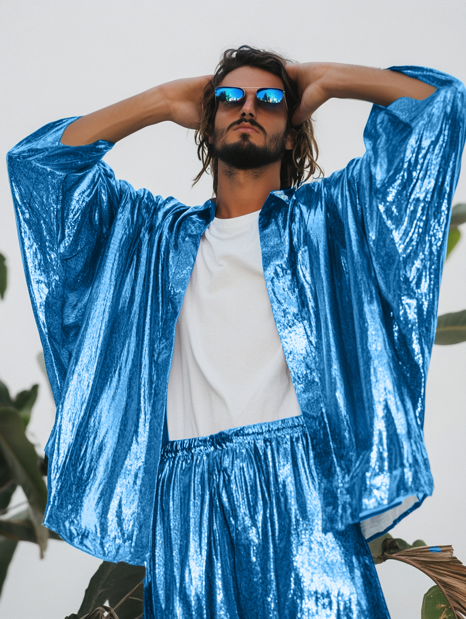 Men's Blue Neptune Festival Party Metallic Kimono Robe