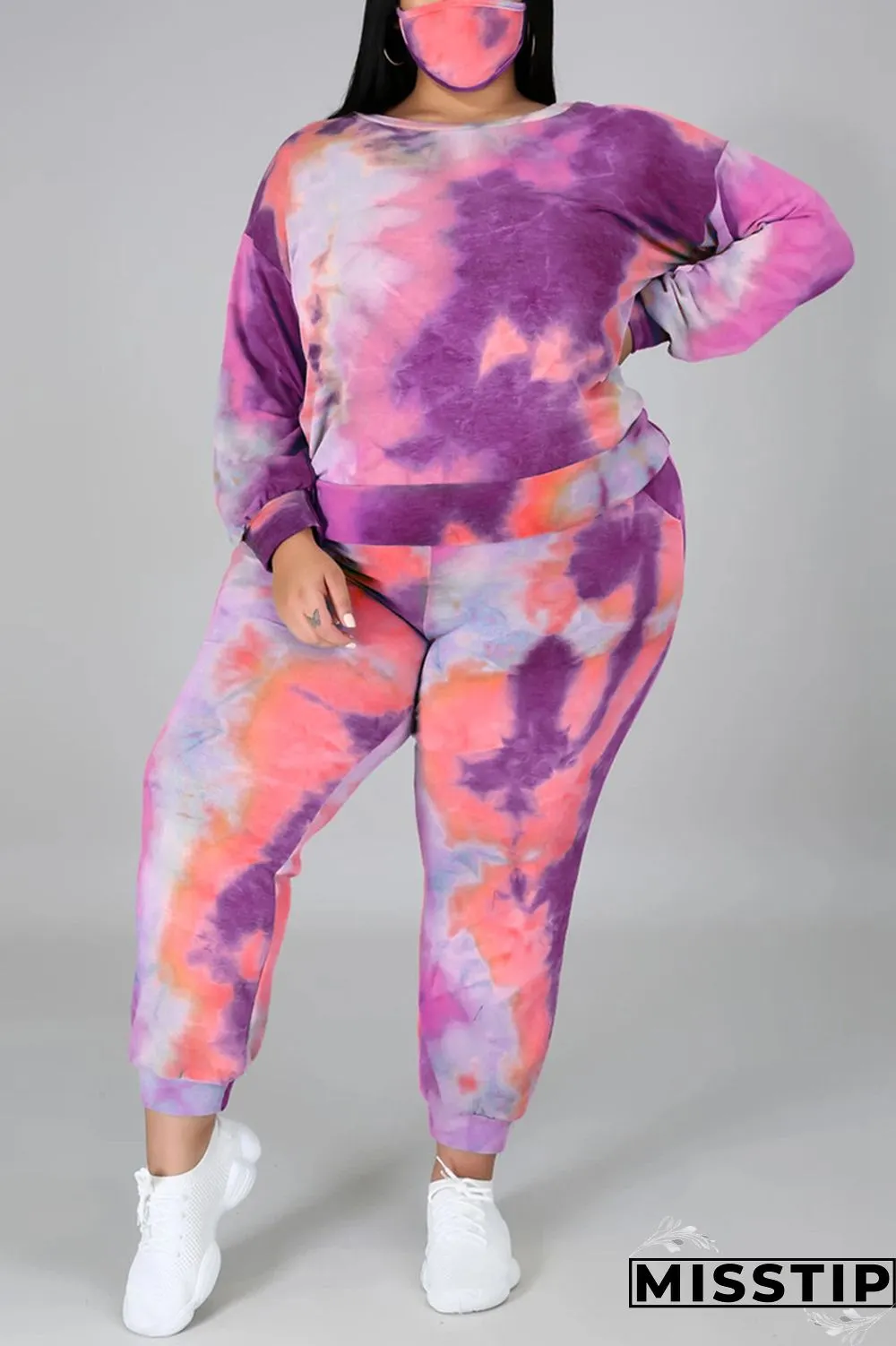 multicolor Fashion Casual Print Tie Dye Tie-dye Backless O Neck Plus Size Set