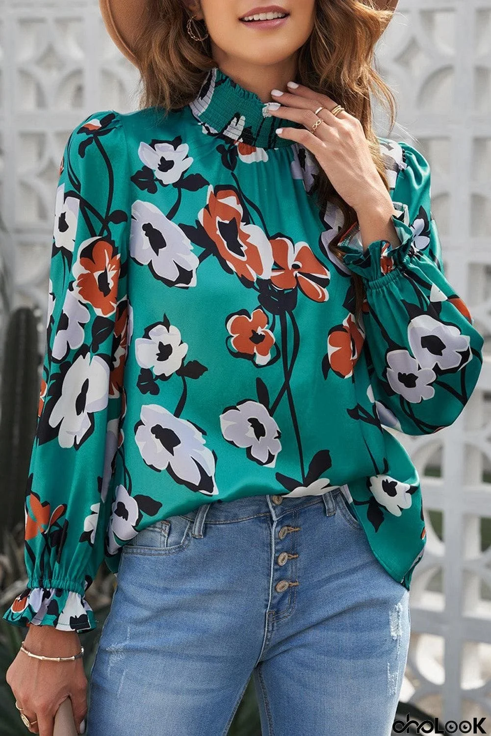 Floral Smocked Mock Neck Flounce Sleeve Blouse