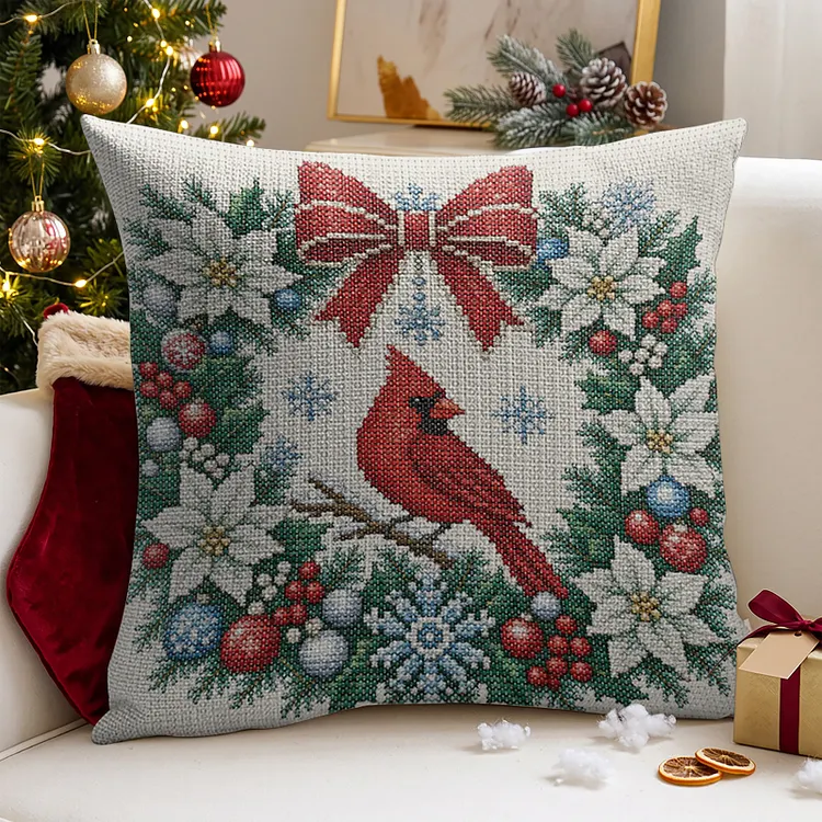 Pillow - Cardinal Wreath 11CT Stamped Cross Stitch 45*45CM
