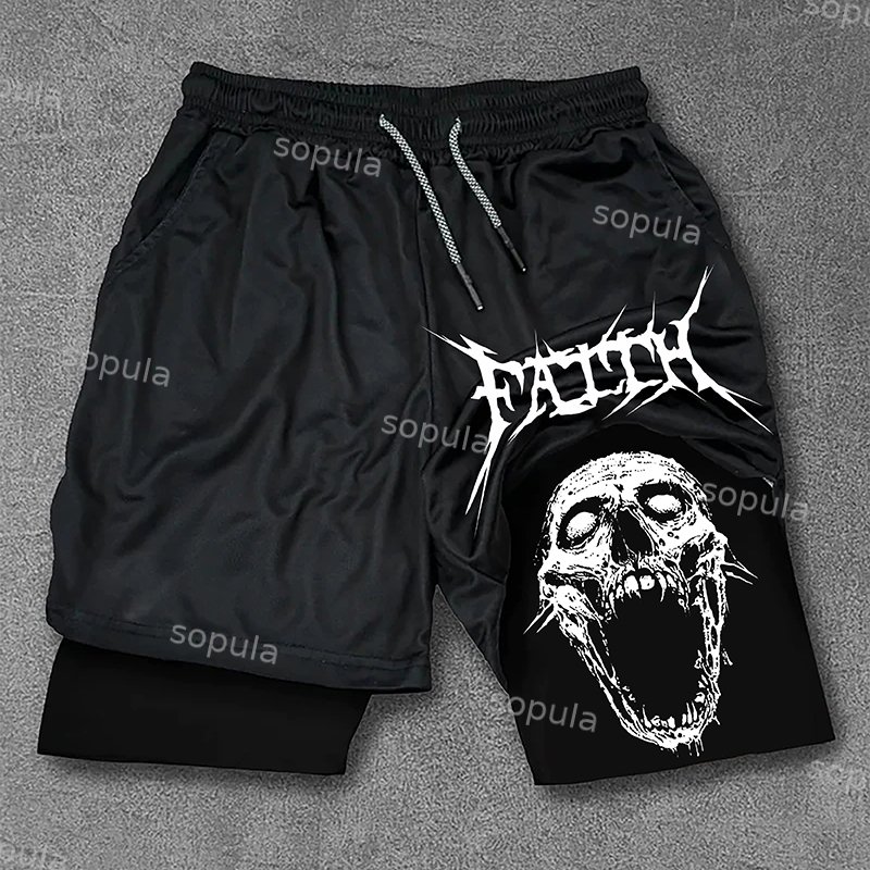 Street Faith Horror Skull Print Double Layer Drawstring Gym Shorts - SOPULA