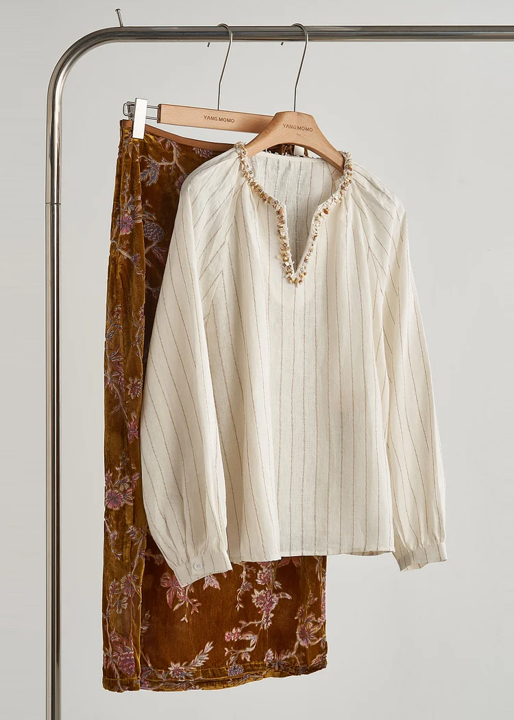 Boho Beige V Neck Striped Two Piece Set Outfits Fall