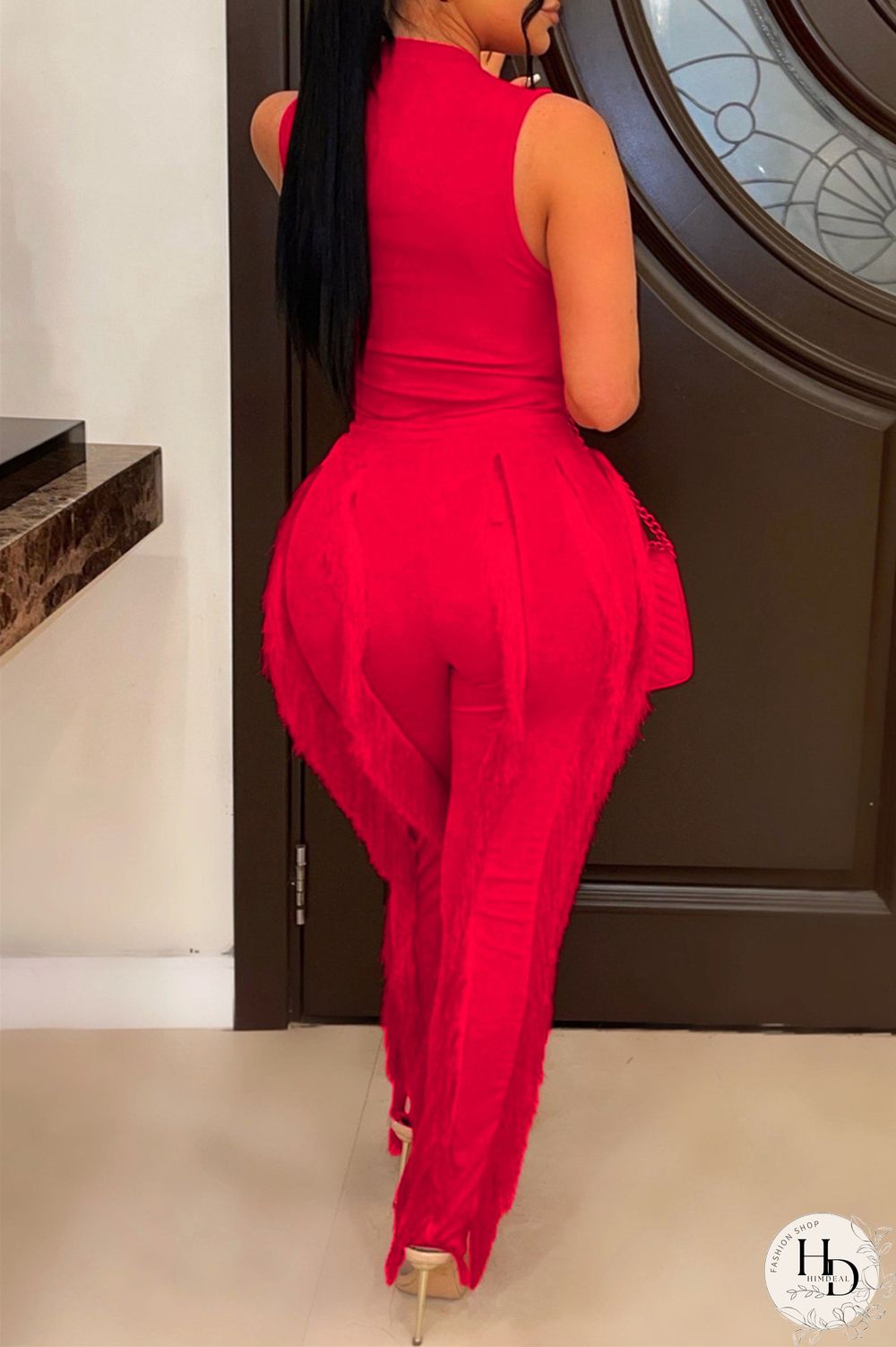 Red Fashion Casual Solid Tassel Patchwork O Neck Sleeveless Two Pieces