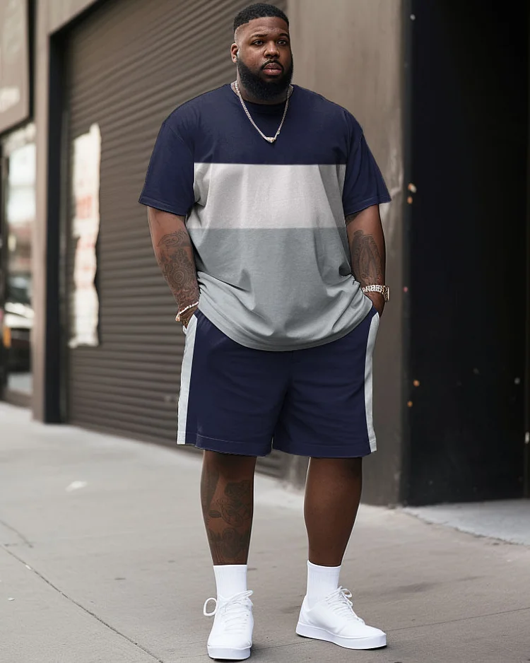 Men's Large Size Simple Color Block T-shirt & Shorts Set