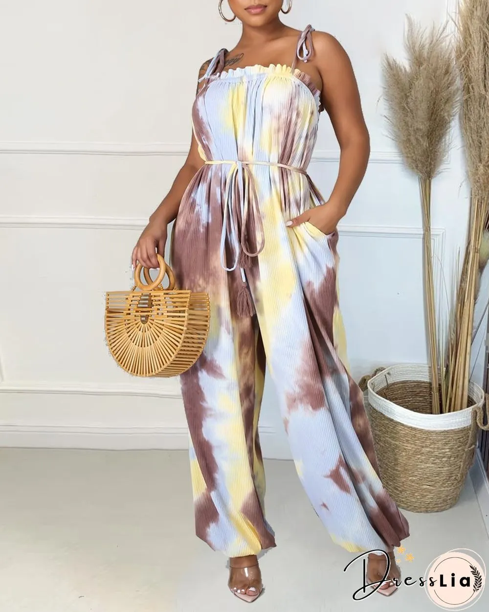 Tie Dye Frill Trim Fringe Belted Cami Jumpsuit