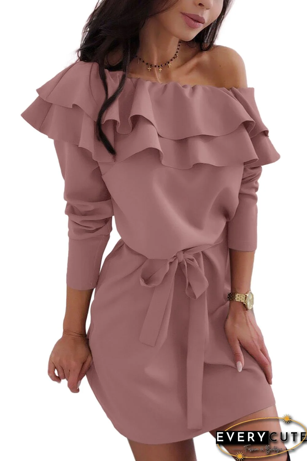 Pink Double Frill Off Shoulder Long Sleeve Dress