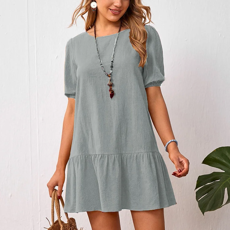 Smiledeer Summer solid color loose cotton linen round neck dress