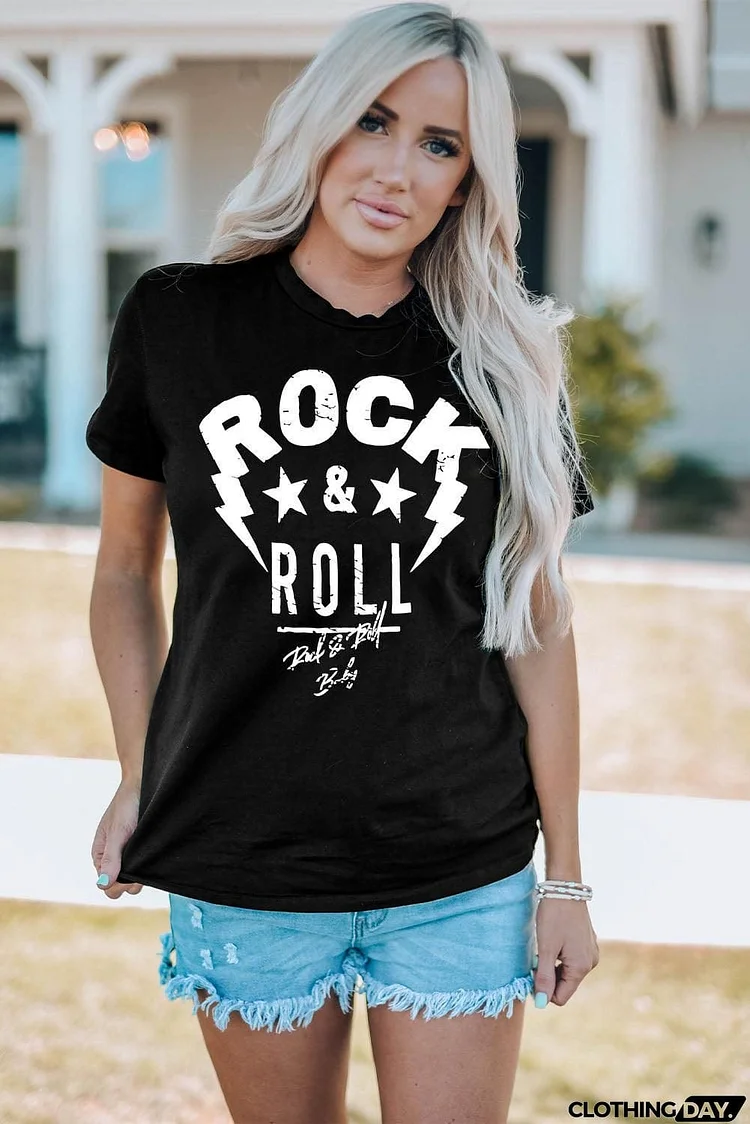 ROCK & ROLL Graphic Round Neck Short Sleeve Tee