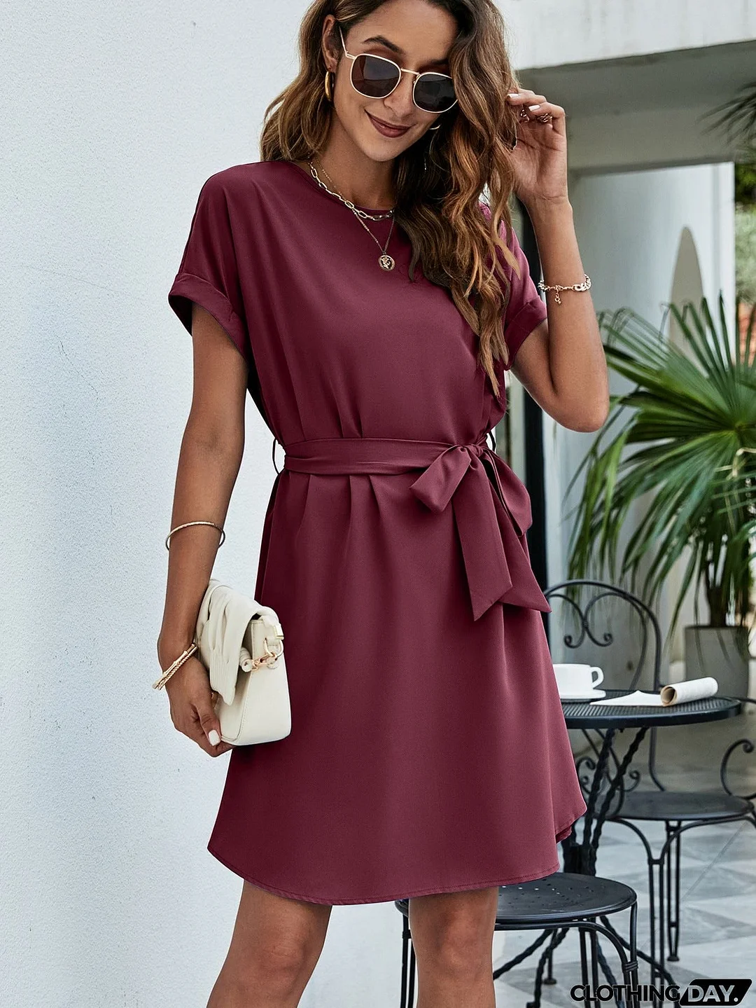 Belted Round Neck Curved Hem Dress