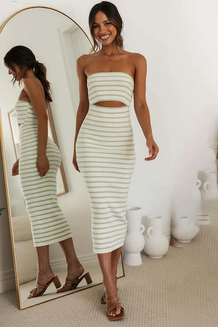 Boat Neck Tube Cutout Backless Striped Knitted Bodycon Midi Dresses