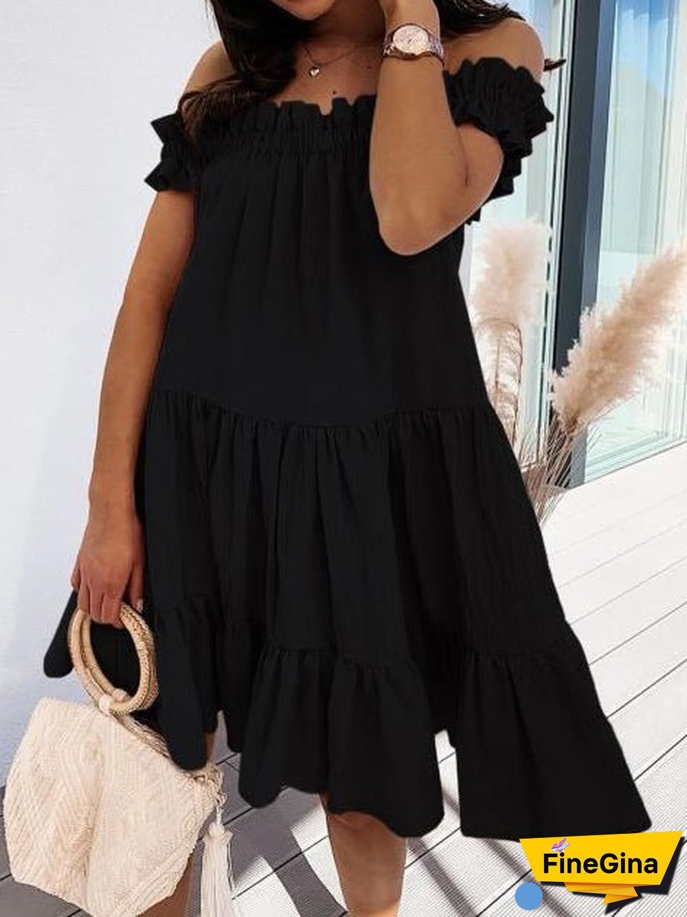 Women'S Dresses Loose One Word Collar Ruffle Dress