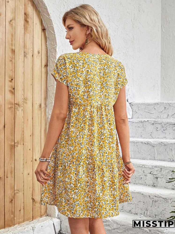 Ditsy Floral Print Batwing Sleeve Smock Dress