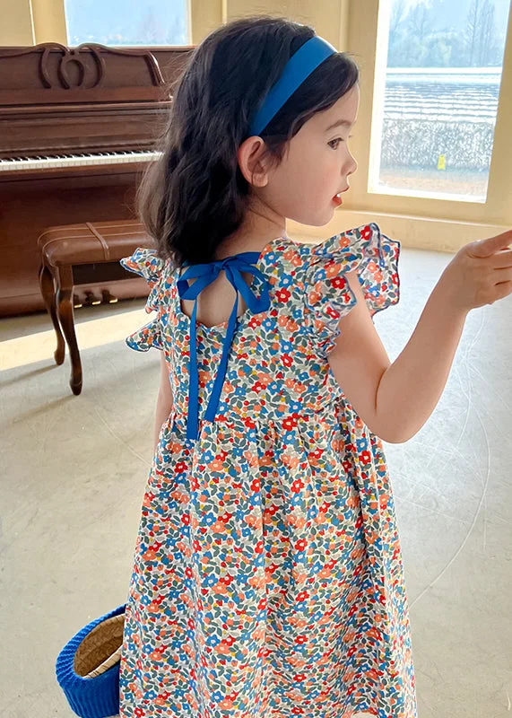 Beautiful Print Lace Up Button Cotton Girls Shirts Dress Summer
