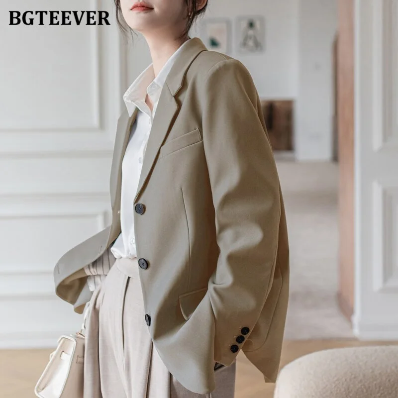BGTEEVER Elegant Office Ladies Loose Single-breasted Blazer Women Solid Notched Collar Suit Jackets 2021 Spring Outwear Femme