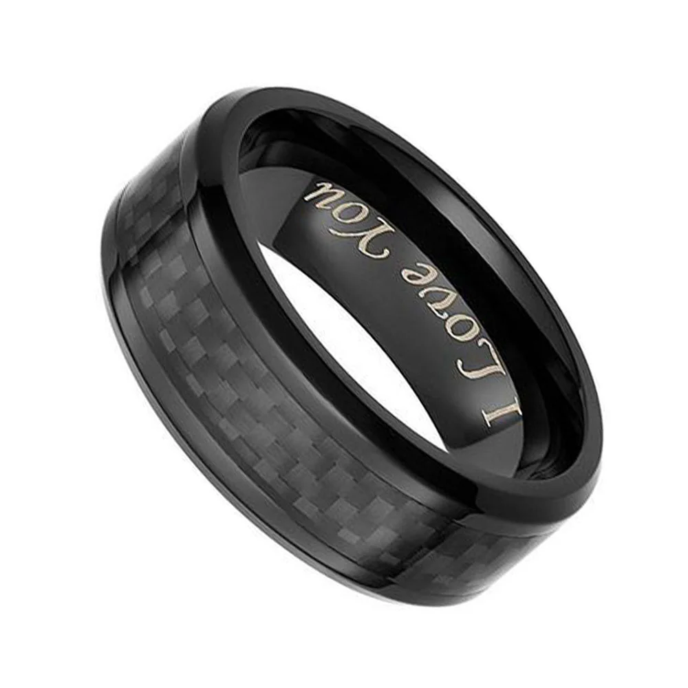 6MM 8MM Tungsten Black Carbon Fiber Inlay Polished Finished For Men Wedding Bands with I Love You