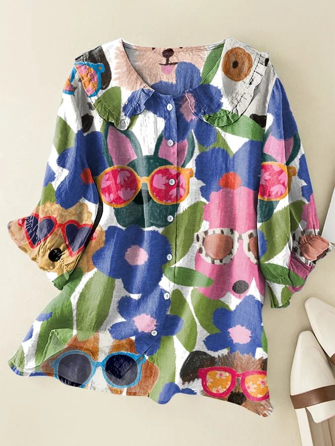 Cute Cartoon Dog Cotton and Linen Peter Pan Ruffle Collar Shirt