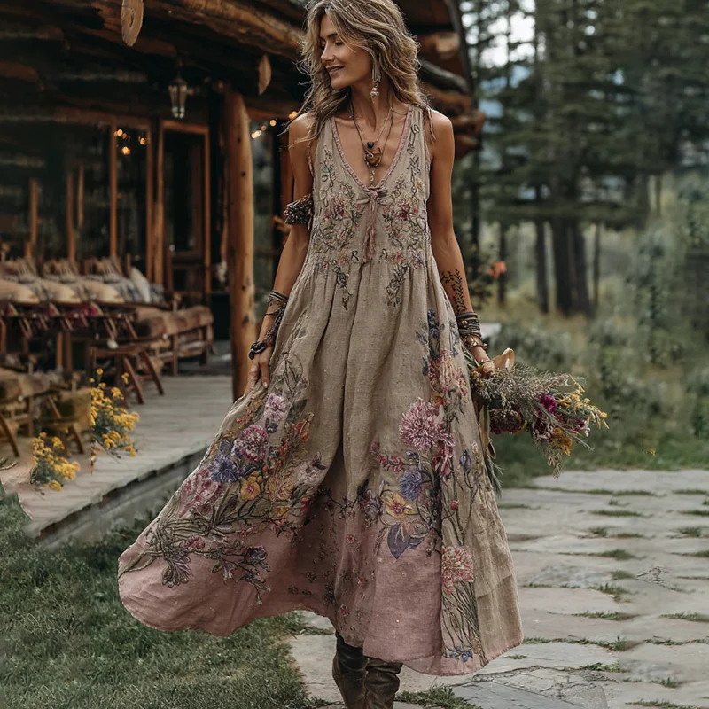 Women's Boho Embroidery Floral Art V Neck Comfy Sleeveless Maxi Dress