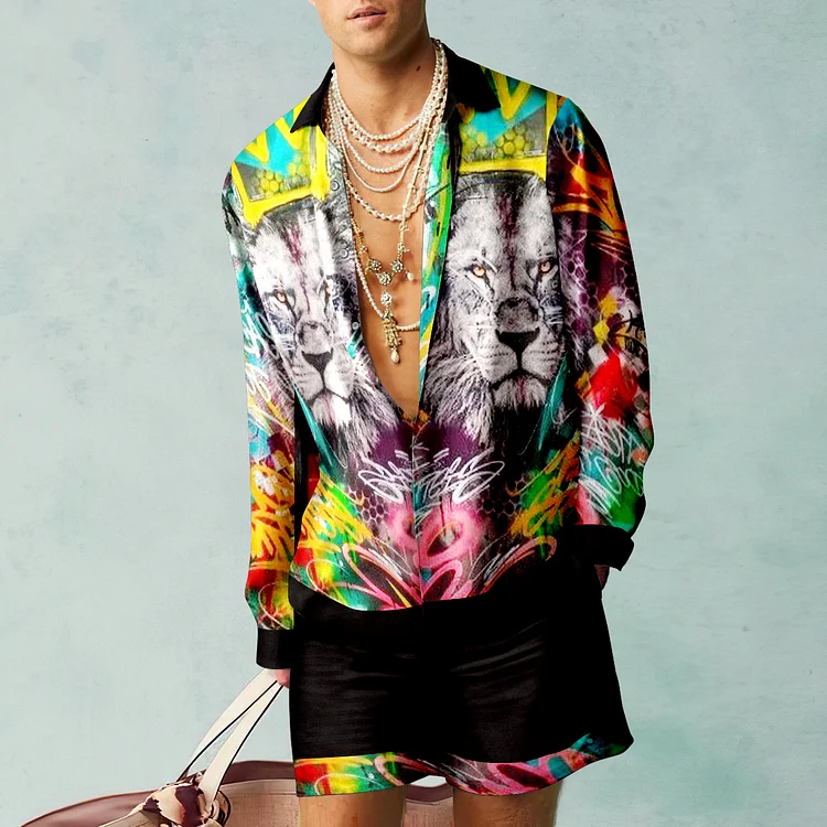 BrosWear Fashion King Lion Print Shirt And Shorts Co-Ord