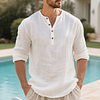 Men's Casual Linen Holiday Henley Long Sleeves Shirt White by Inlyline
