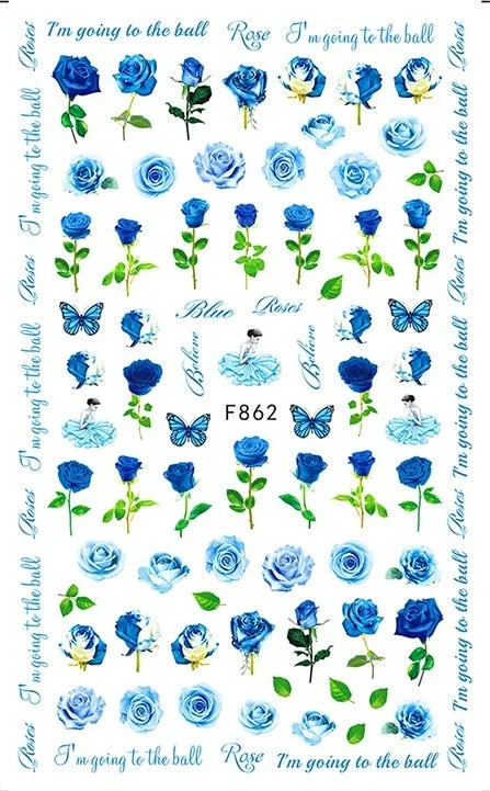 Purple Red Pink Rose Flower 3D Nail Sticker Leaves Love Heart Self-Adhesive Slider Art Decorations Decals Manicure Accessories-Nail Inspo