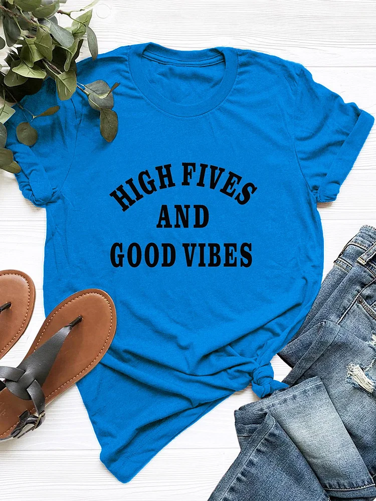 Bestdealfriday High Fives And Good Vibes Printed Cotton Crew Neck T-Shirt 9555322