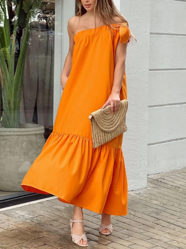Solid Color One Shoulder Linen Women's Dress