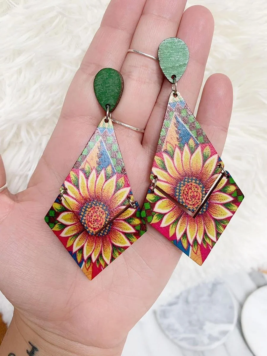 Sunflower Printed Wooden Geometric Earrings