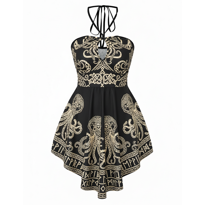 Women's Fashion Black Dress: Religious & Norse Mythology Print, Spaghetti Straps,  eau Bodice, Halter Neck