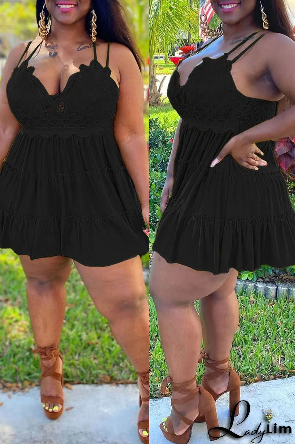 Black Fashion Sexy Solid Lace Backless Fold V Neck Sling Dress Plus Size Dresses