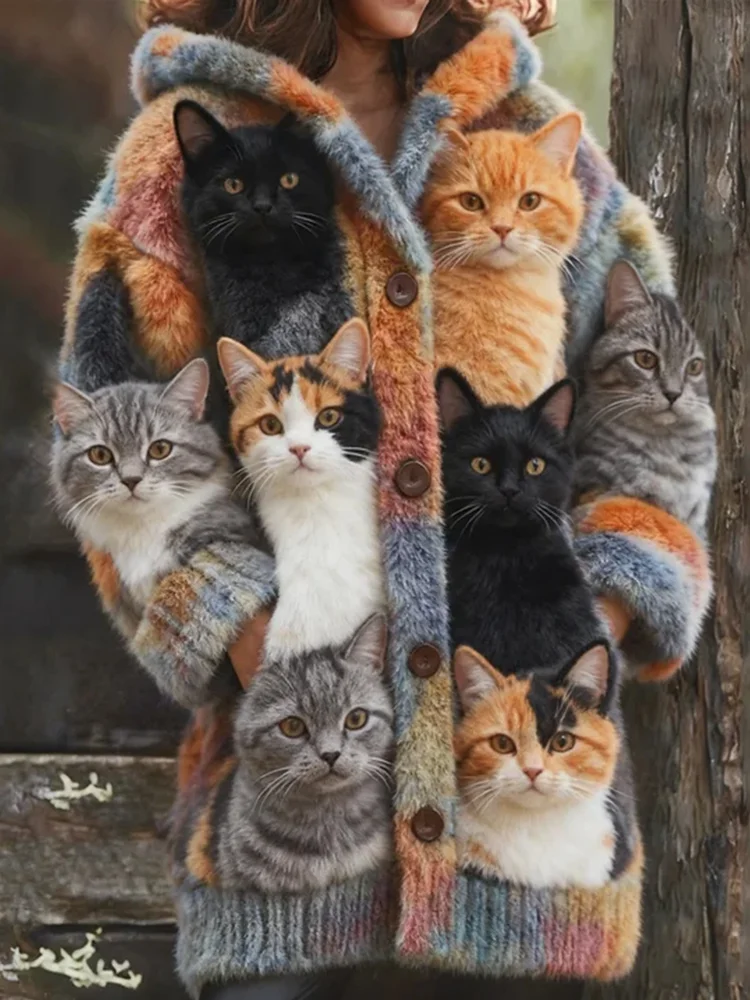Probe Cat Fleece Hooded Cardigan Long Sweater