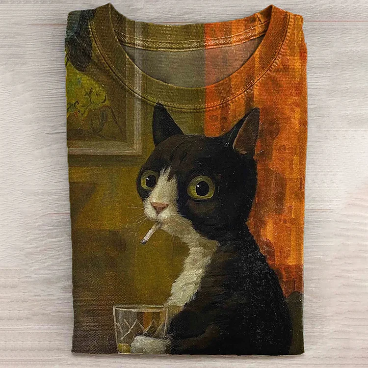 Comstylish Vintage Cute Cat Print Long Sleeve Casual T-Shirt
