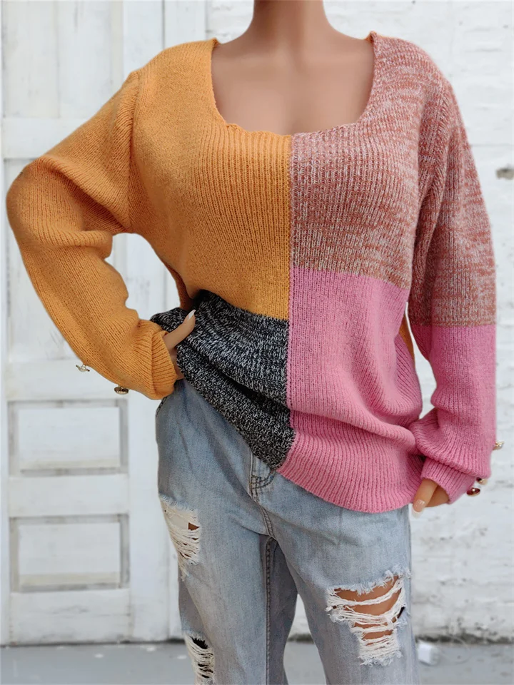 Winter Women's Square Neck Pullover Sweater Women's U Neck Collision Color Splicing Sweater Tops Women's-Cosfine