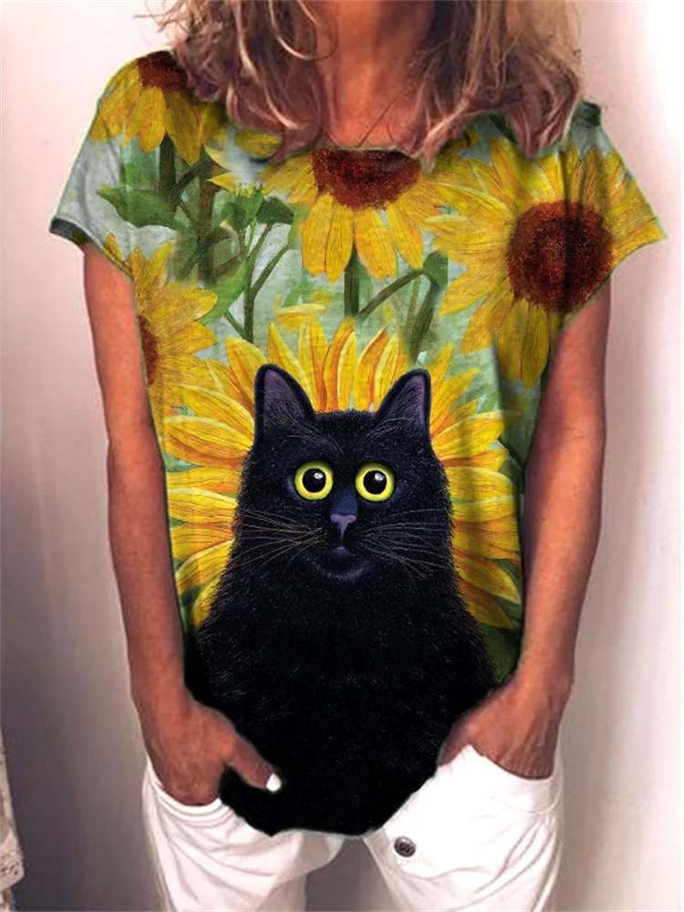 Sunflowers & Cat Art Print T Shirt