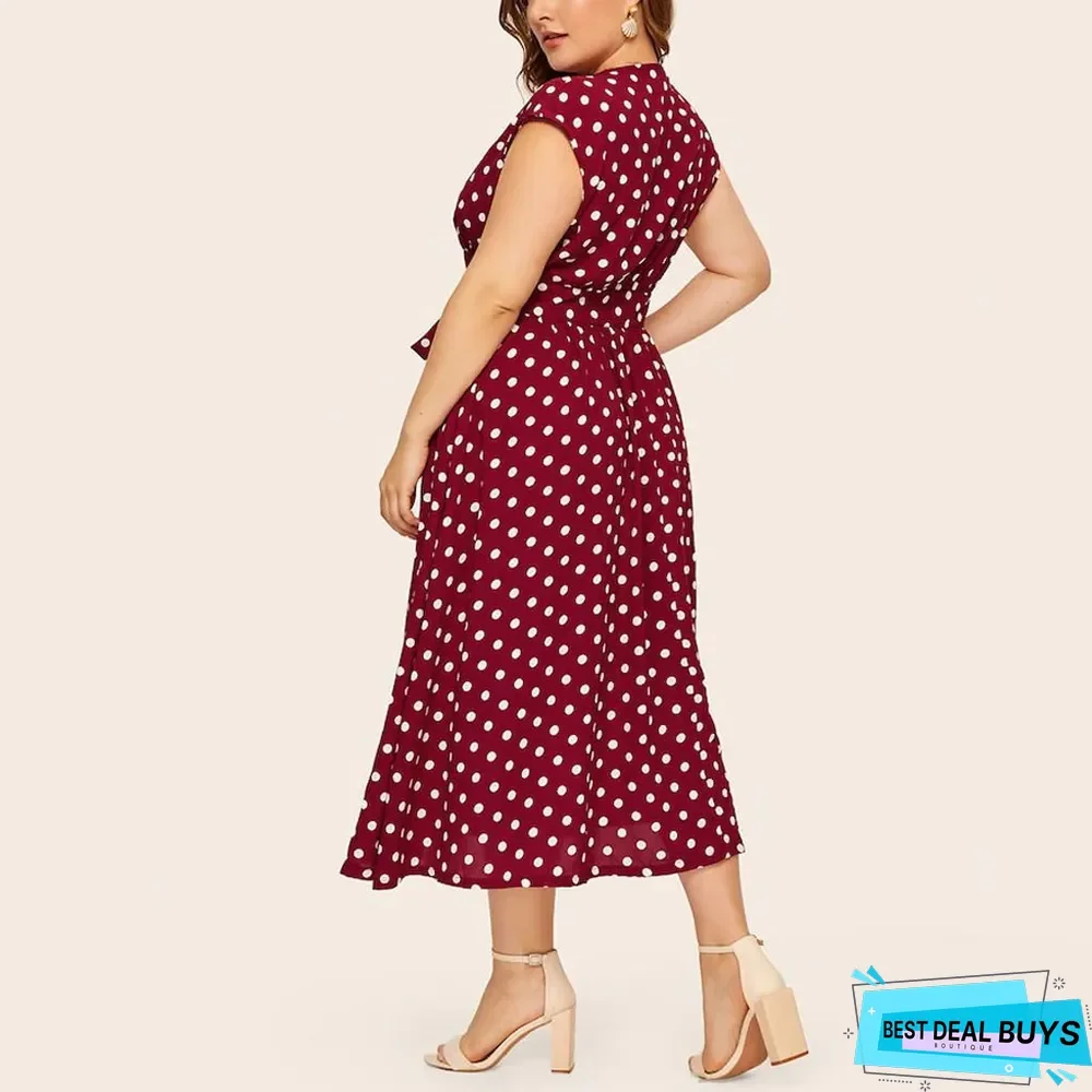 Women's Plus Size Polka Dot Dress Button Tie Waist V-Neck Skirt