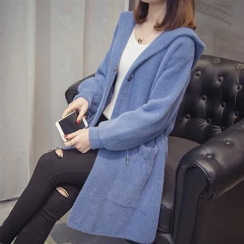Autumn And Winter New Mink Like Cashmere Coat Women's Cardigan Korean Hooded Loose Medium Length Mink Sweater Coat Thickened