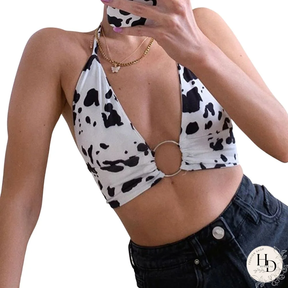 Womens Sexy Summer Cow Print Crop Tops Y2K V Neck Sleeveless Sling Halter Vest With Metal Ring For Girls Streetwear