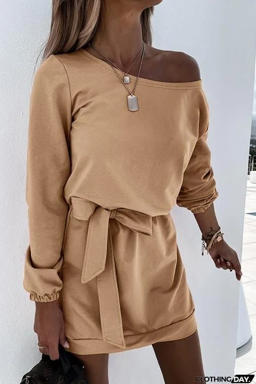 Dew Shoulder Belted Long Sleeve Mini Dress