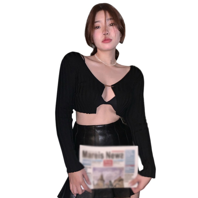 Cardigan for Women Long Sleeve Sexy Blouses V Neck Low Cut Slim Fit Crop Top Casual T Shirt Knitted Shirt