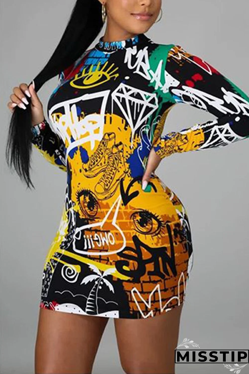 Multicolor Fashion Sexy Print Basic Half A Turtleneck Printed Dress