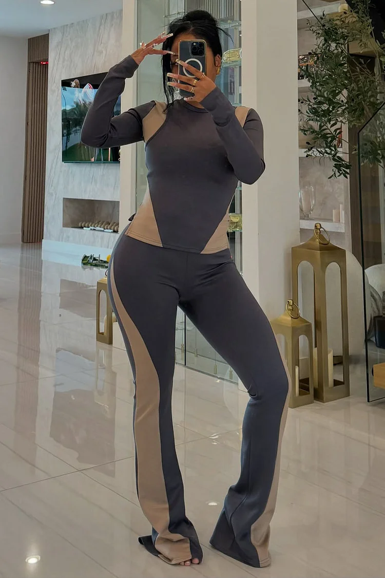 Colorblock Long Sleeve Top Stretchy Pants Sporty 2pcs Set-Gray